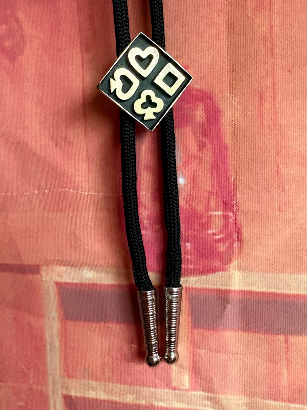 Vintage Playing Card Suits Bolo Tie – Gold Tone Slide, Silver tone tips
